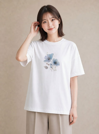 プリントTシャツ レディース あさがお 朝顔 花 花柄 イラスト 抜け感 通学 誕生日プレゼント 白T YMAZO