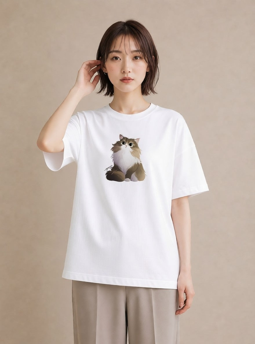 Tシャツ レディース メインクーン 猫 ねこ イラスト 韓国風 秋コーデ おしゃれギフト 白T YMAZO
