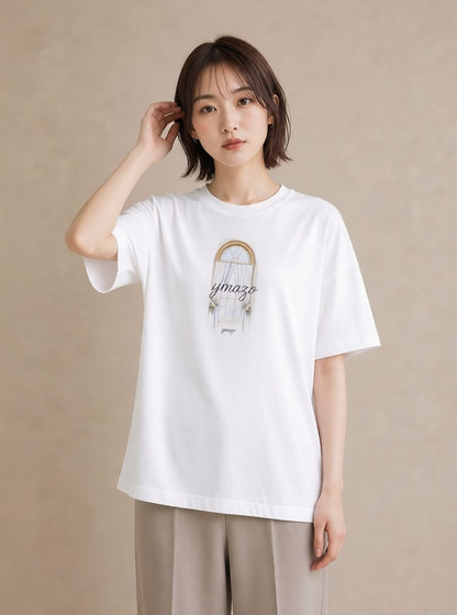 プリントTシャツ レディース 窓辺の雨 雨の日 窓 ナチュラル アンティーク イラスト 抜け感 友達ギフト 部屋着 白T YMAZO