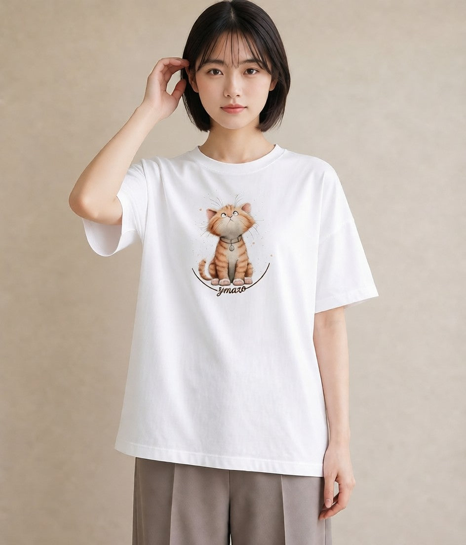 半袖Tシャツ レディース ねこ 猫 ネコ イラスト ゆるコーデ 女性向けギフト 散歩 白T YMAZO