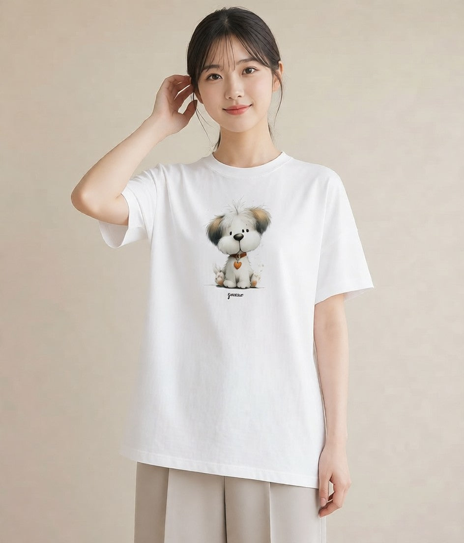 デザインTシャツ レディース わんちゃん 犬 いぬ イラスト 淡色 綿100 デート 白T YMAZO