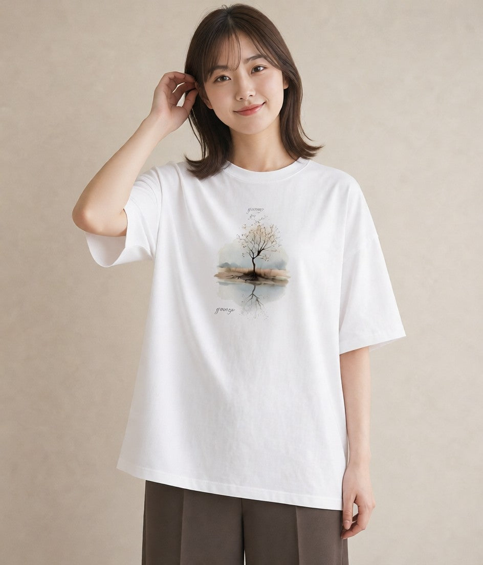 デザインTシャツ レディース 青の水彩 風景 ブルー ナチュラル アンティーク イラスト 線画 クリスマス 旅行 白T YMAZO