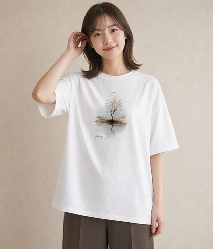 デザインTシャツ レディース 青の水彩 風景 ブルー ナチュラル アンティーク イラスト 線画 クリスマス 旅行 白T YMAZO
