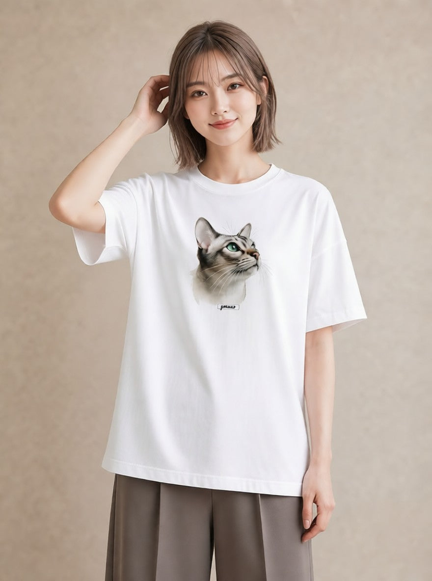 デザインTシャツ レディース 白猫 猫 ねこ イラスト アート風 敬老の日 ホワイトデー 白T YMAZO