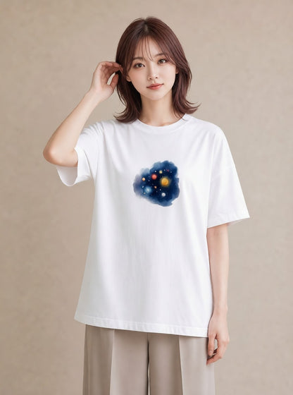 プリントTシャツ レディース プラネット 星空 宇宙 イラスト ニュアンス カフェ服 クリスマス 白T YMAZO