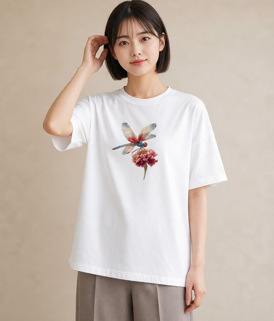 デザインTシャツ レディース とんぼ 昆虫 虫 イラスト ニュアンス 帰省 ラフ 白T YMAZO