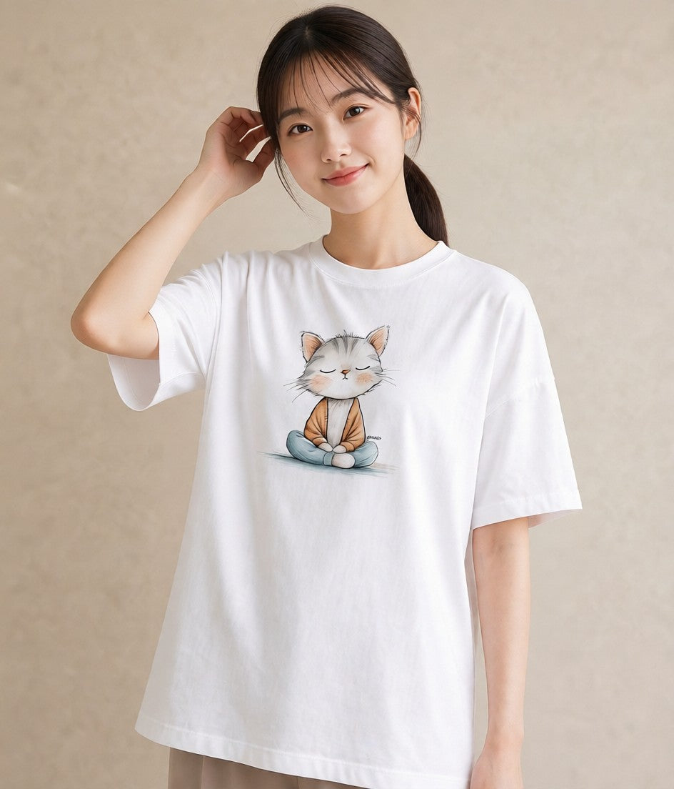 プリントTシャツ レディース おすわり猫 猫 ねこ イラスト ゆるコーデ ルームウェア ギフト 白T YMAZO