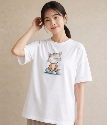 プリントTシャツ レディース おすわり猫 猫 ねこ イラスト ゆるコーデ ルームウェア ギフト 白T YMAZO