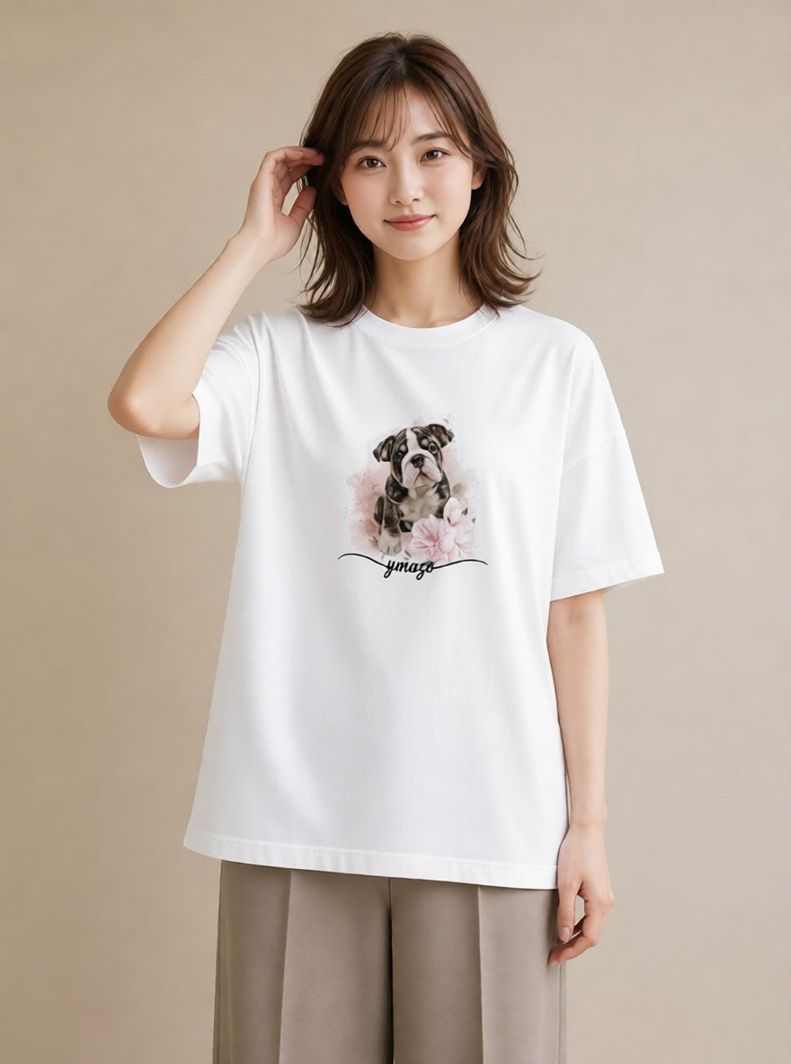 グラフィックTシャツ レディース わんちゃん 犬 いぬ イラスト ゆるコーデ ラフ レイヤード 白T YMAZO