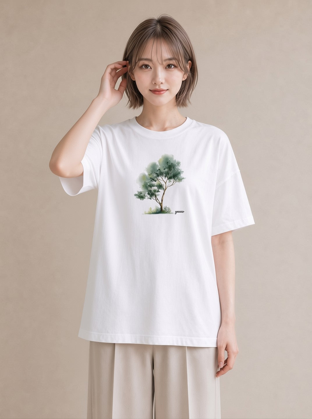 プリントTシャツ レディース 盆栽 植物 ボタニカル イラスト カジュアル 帰省 ラフ 白T YMAZO