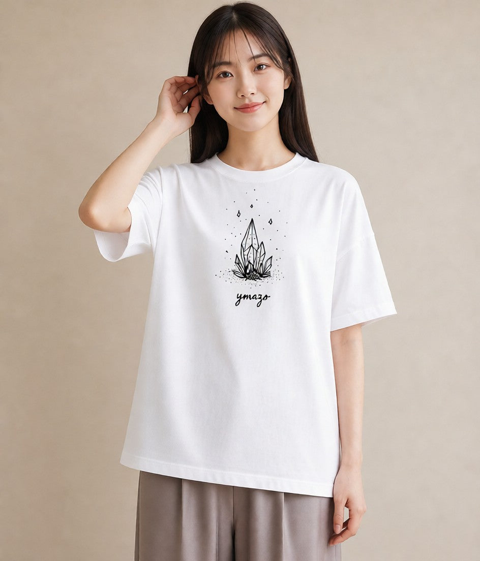 半袖Tシャツ レディース パールピアス アクセサリー ナチュラル アンティーク イラスト 北欧風 夏コーデ 通学 白T YMAZO