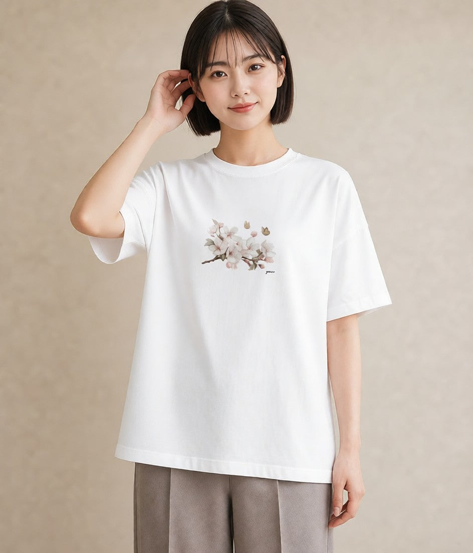 Tシャツ レディース 梅 花 花柄 イラスト ラフカジュアル 女性向けギフト 散歩 白T YMAZO