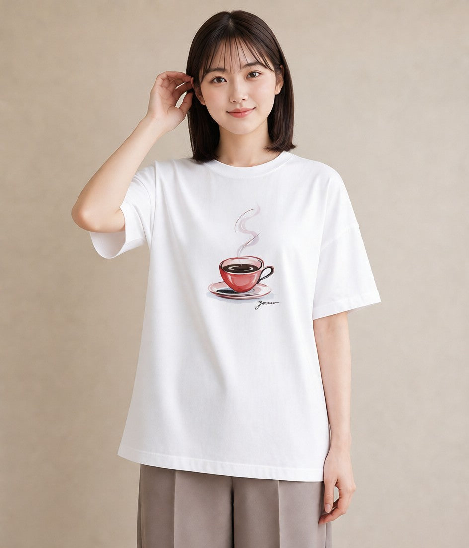 Tシャツ レディース コーヒー カフェ 珈琲 イラスト 淡色 ラフ レイヤード 白T YMAZO