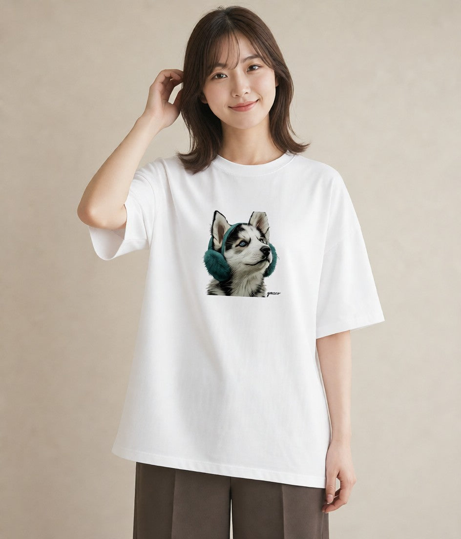 デザインTシャツ レディース シベリアンハスキー 犬 いぬ イラスト きれいめ 送別ギフト 通勤 白T YMAZO