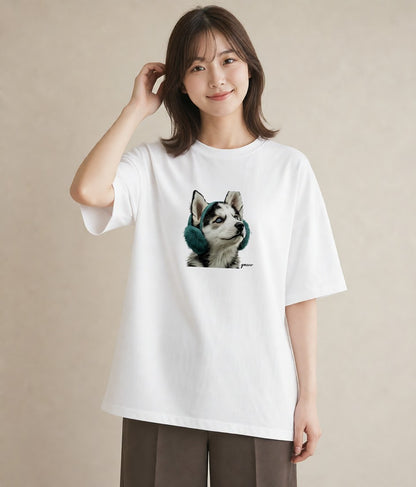 デザインTシャツ レディース シベリアンハスキー 犬 いぬ イラスト きれいめ 送別ギフト 通勤 白T YMAZO
