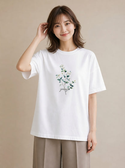 半袖Tシャツ レディース 金木犀 花 花柄 イラスト ニュアンス お出かけ 普段着 白T