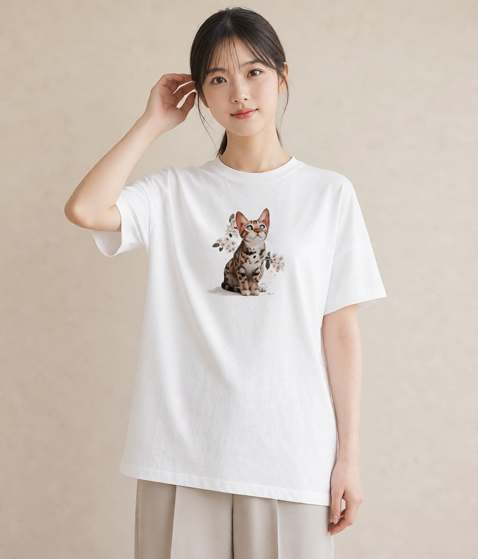半袖Tシャツ レディース サビ猫 猫 ねこ イラスト きれいめ ルームウェア ギフト 白T YMAZO