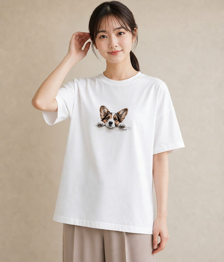 半袖Tシャツ レディース ウェルシュコーギー コーギー 犬 いぬ イラスト ニュアンス 綿100 デート 白T YMAZO