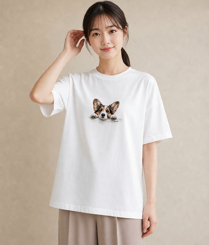 半袖Tシャツ レディース ウェルシュコーギー コーギー 犬 いぬ イラスト ニュアンス 綿100 デート 白T YMAZO