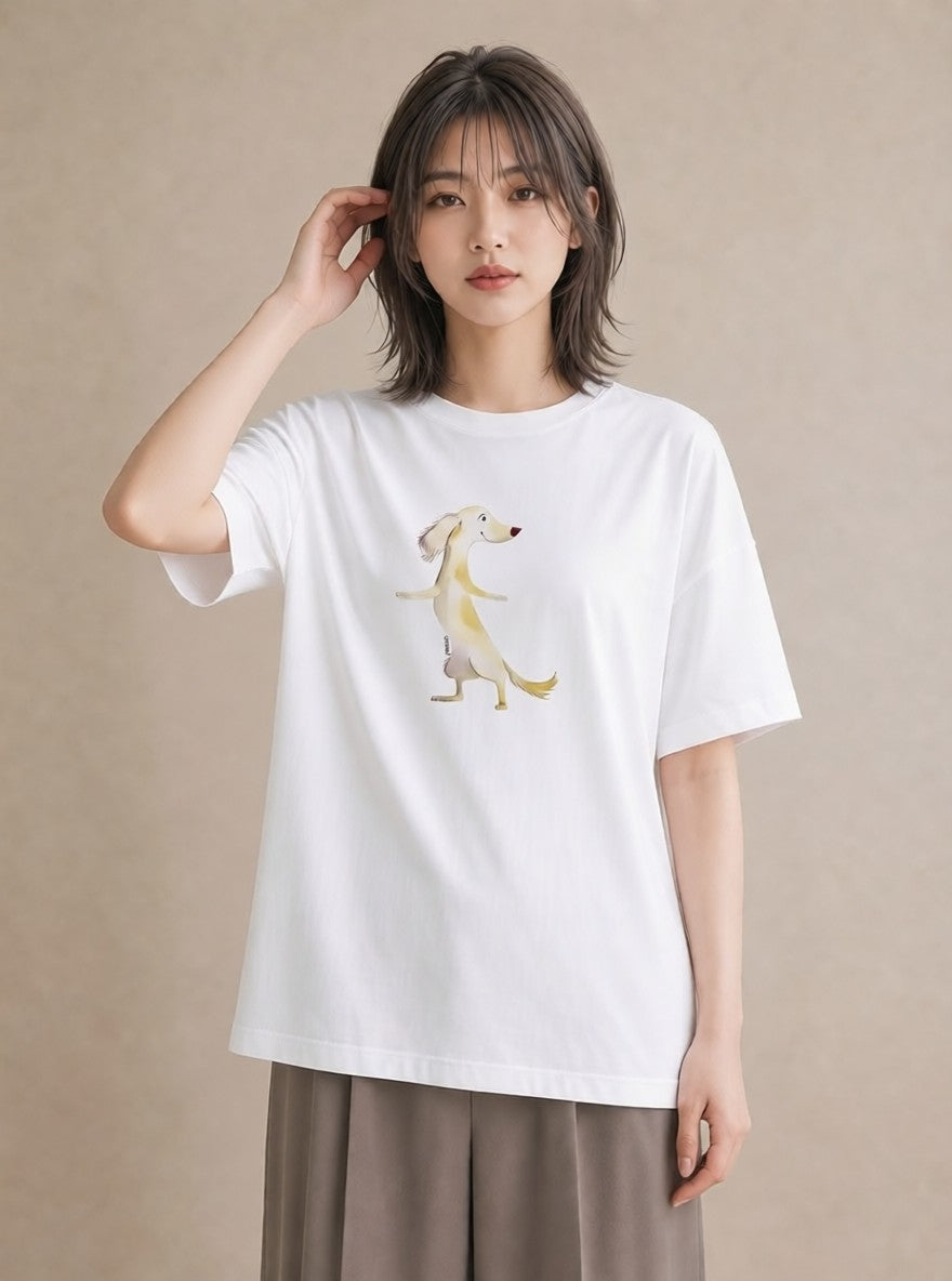 グラフィックTシャツ レディース ミニチュアダックスフンド 犬 いぬ イラスト ニュアンス 秋コーデ おしゃれギフト 白T YMAZO