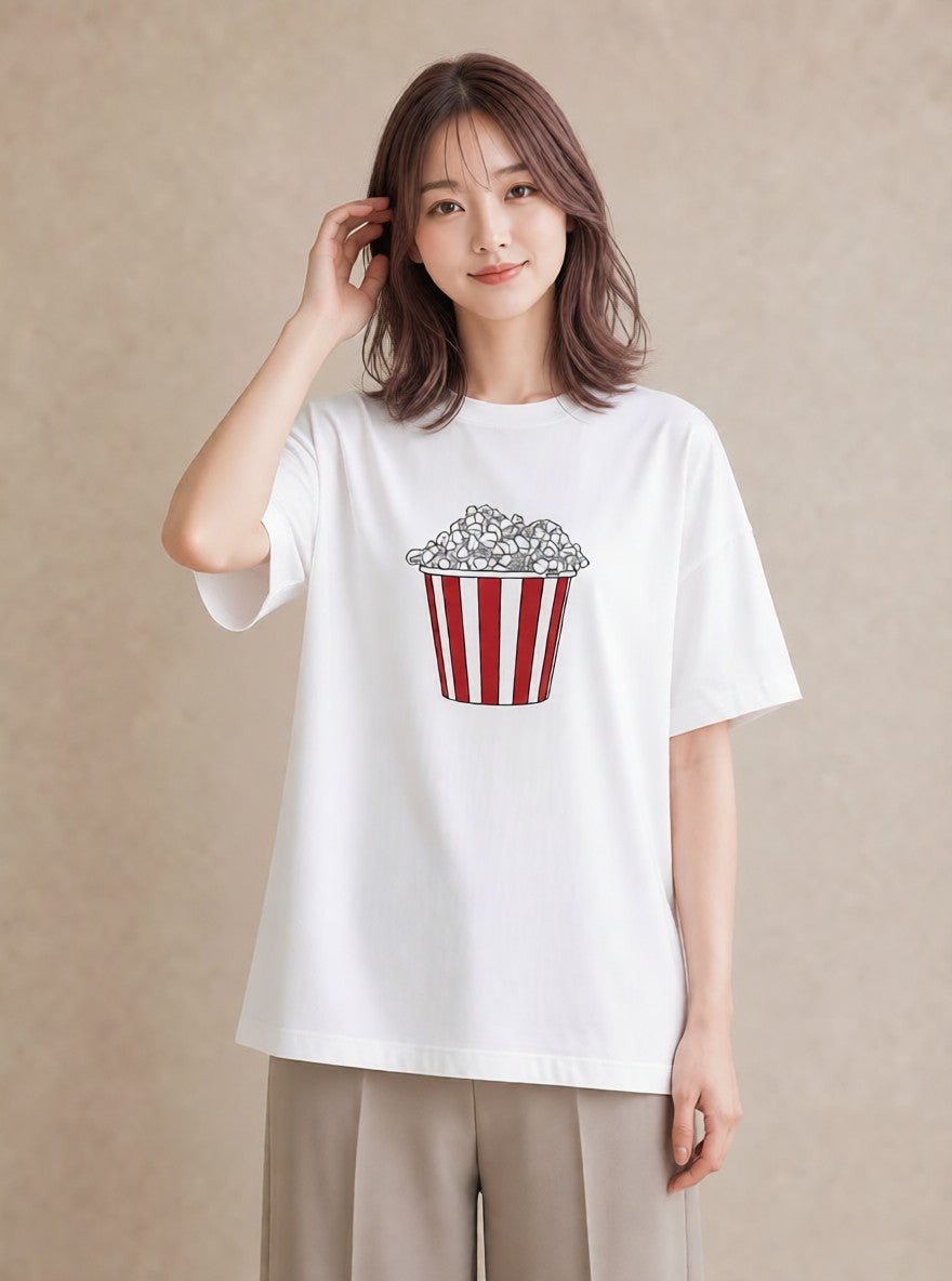 Tシャツ レディース ポップコーン 食べ物 フード イラスト 手描き風 女子会 お揃い 白T YMAZO