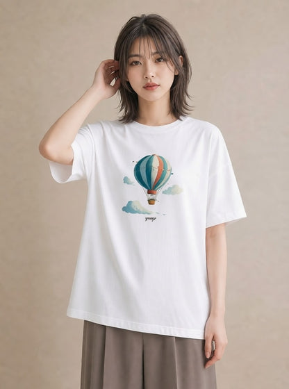 半袖Tシャツ レディース 紙風船 和紙 ナチュラル アンティーク イラスト ヴィンテージ風 ペアコーデ 秋コーデ 白T YMAZO