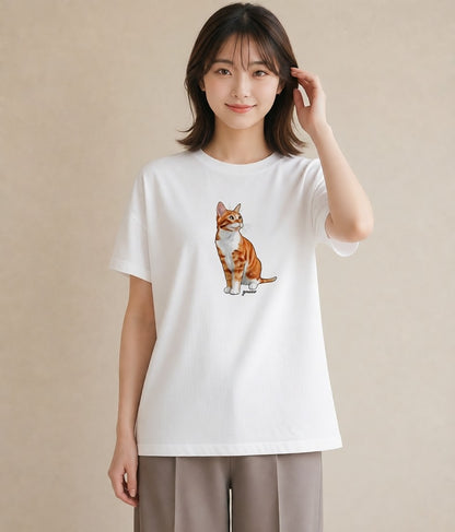 半袖Tシャツ レディース 猫 ねこ イラスト 抜け感 誕生日プレゼント 綿100 白T YMAZO