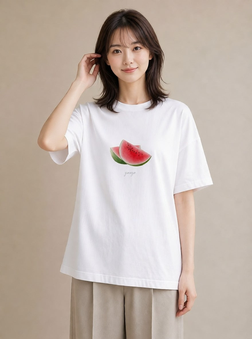 Tシャツ レディース メロン 食べ物 フード イラスト 北欧風 部屋着 女性向けギフト 白T YMAZO