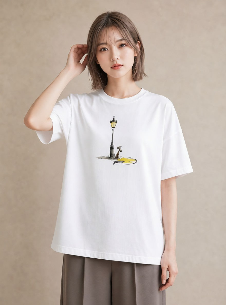 Tシャツ レディース 街灯 夜霧 夜 ナチュラル アンティーク イラスト レイヤード 友達ギフト 白T YMAZO