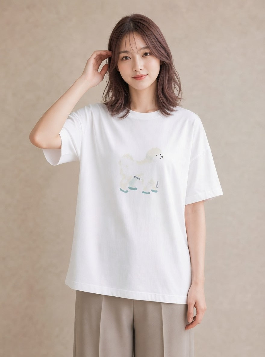 グラフィックTシャツ レディース ビションフリーゼ 犬 いぬ イラスト きれいめ 20代 カジュアルコーデ 白T YMAZO