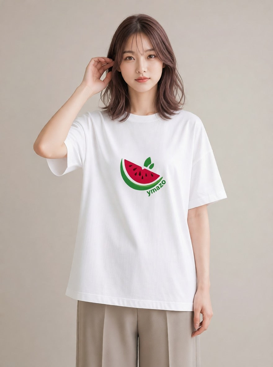 プリントTシャツ レディース すいか 食べ物 フード イラスト ヴィンテージ風 ママ カフェ服 白T YMAZO