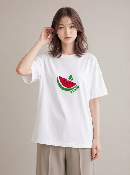 プリントTシャツ レディース すいか 食べ物 フード イラスト ヴィンテージ風 ママ カフェ服 白T YMAZO