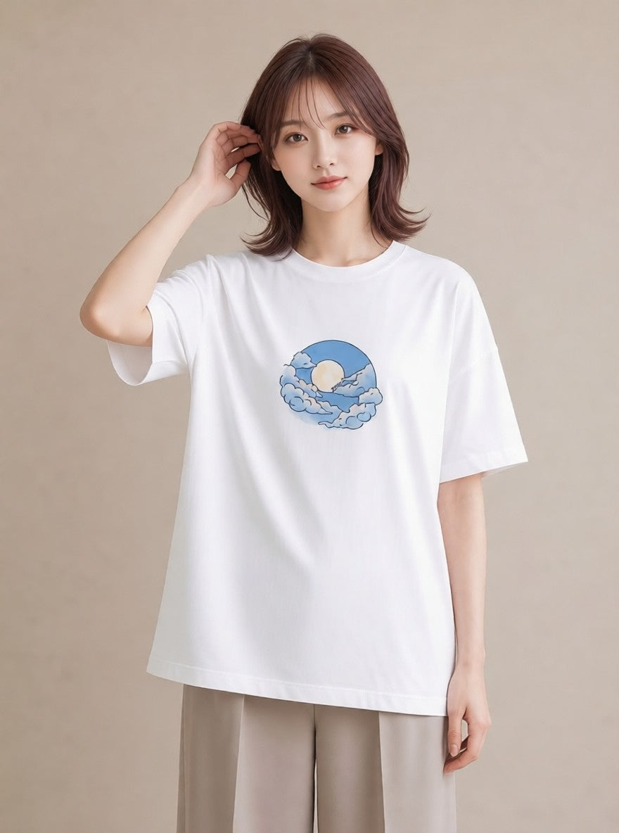 プリントTシャツ レディース 雲 星空 宇宙 イラスト 普段着 週末コーデ 白T YMAZO