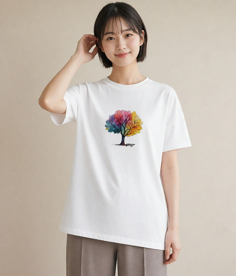 Tシャツ レディース 木 植物 ボタニカル イラスト こなれ感 海 カフェ巡り 白T YMAZO