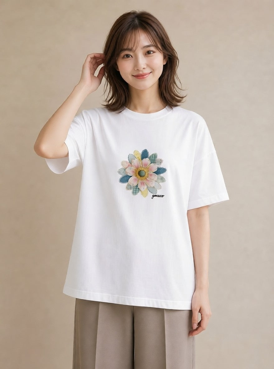 半袖Tシャツ レディース マーガレット 花 花柄 イラスト 韓国風 社会人 女性 白T YMAZO