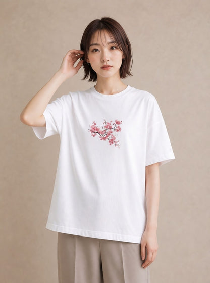 プリントTシャツ レディース 梅 花 花柄 イラスト 旅行コーデ ラフ レイヤード 白T YMAZO