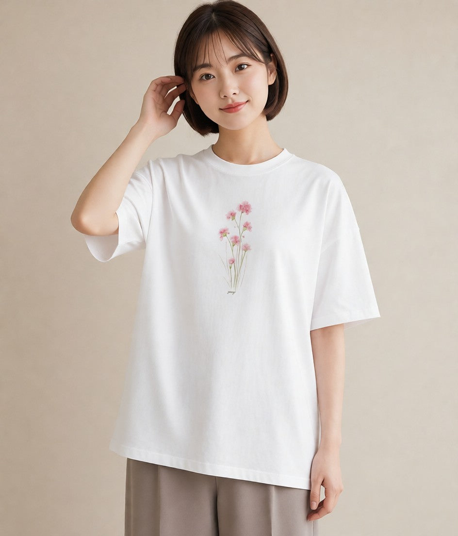 Tシャツ レディース ミモザ 花 花柄 イラスト 韓国風 カジュアルコーデ 買い物 白T YMAZO