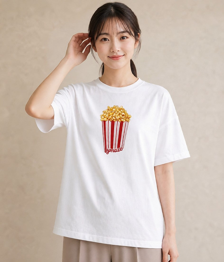 Tシャツ レディース ポップコーン 食べ物 フード イラスト 上品 春服 ミセス 白T YMAZO