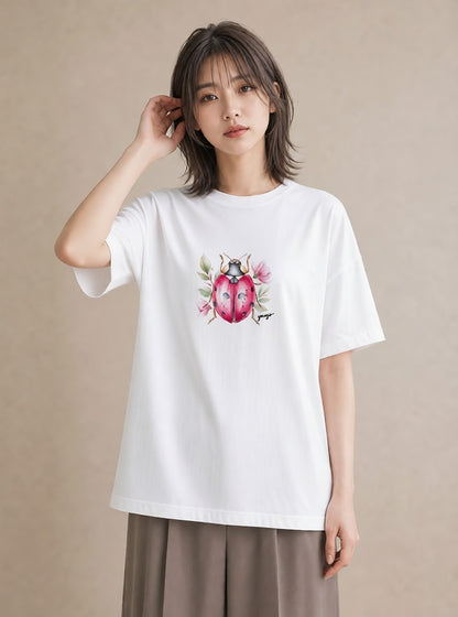 半袖Tシャツ レディース カブトムシ 昆虫 虫 イラスト 韓国風 休日 ペアコーデ 白T YMAZO