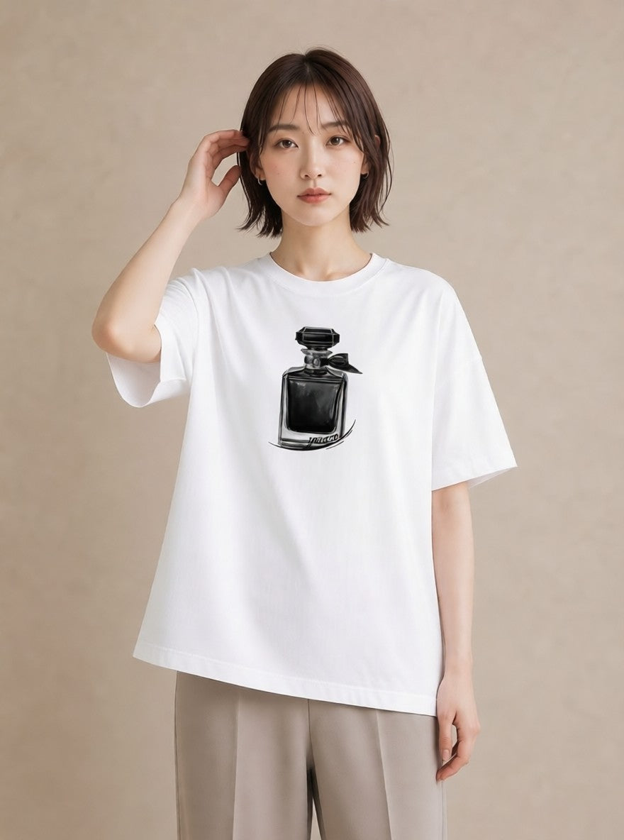 プリントTシャツ レディース 香水 香水瓶 パフューム イラスト カフェ巡り 女子会 白T YMAZO