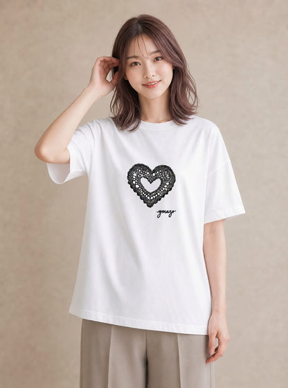 デザインTシャツ レディース レースハンカチ レース ハンカチ ナチュラル アンティーク イラスト シック クリスマス 旅行 白T YMAZO
