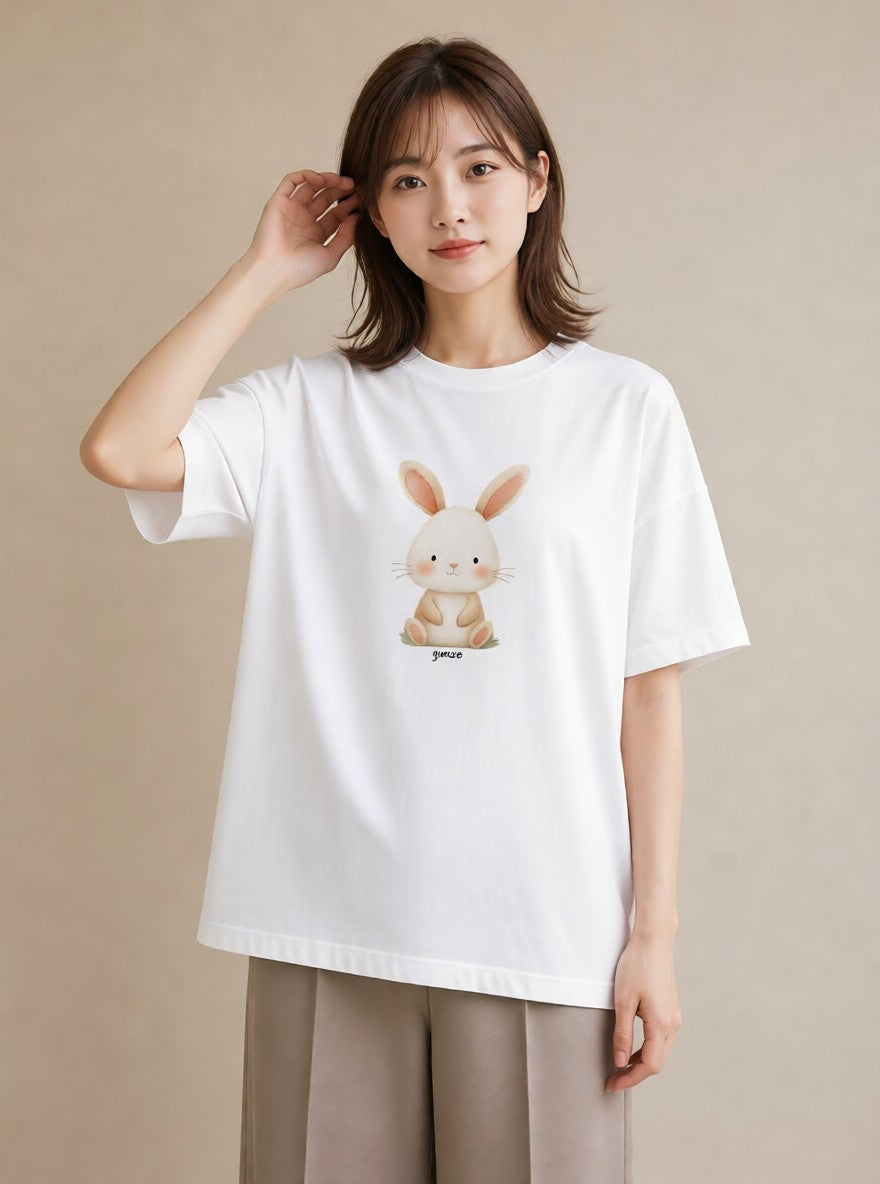 半袖Tシャツ レディース うさぎ ウサギ ラビット ペット 動物 イラスト 上品 女子会 お揃い 白T YMAZO