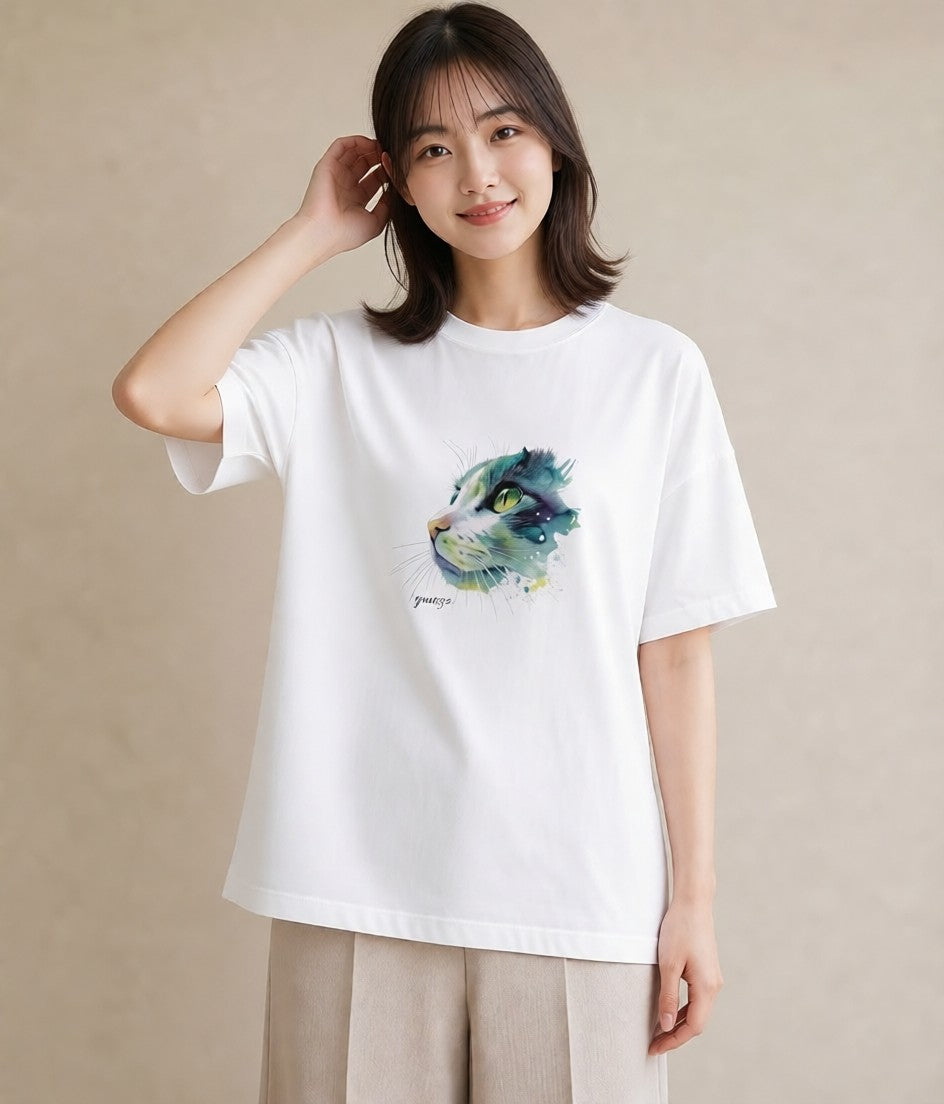 デザインTシャツ レディース サビ猫 猫 ねこ イラスト モード 誕生日プレゼント 綿100 白T YMAZO