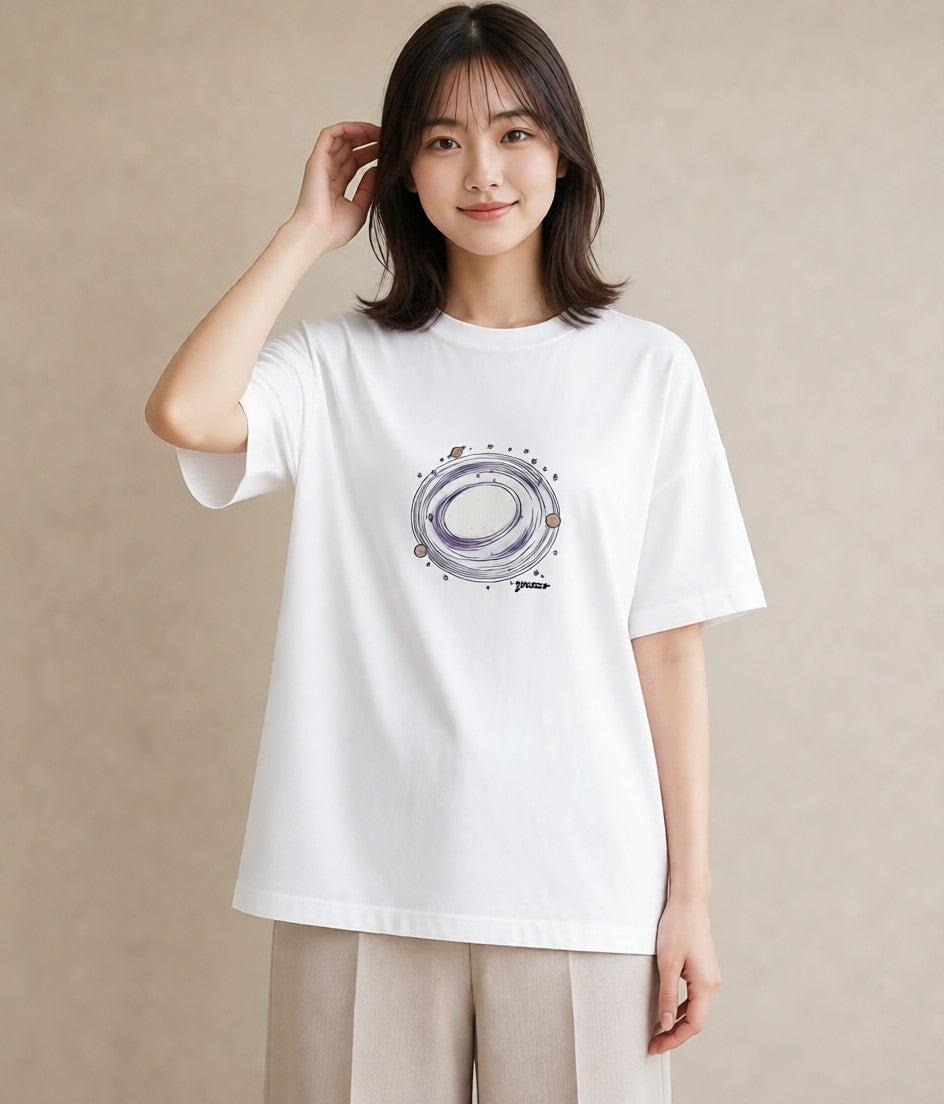 半袖Tシャツ レディース 満月 星空 宇宙 イラスト 手描き風 ペアコーデ 秋コーデ 白T YMAZO