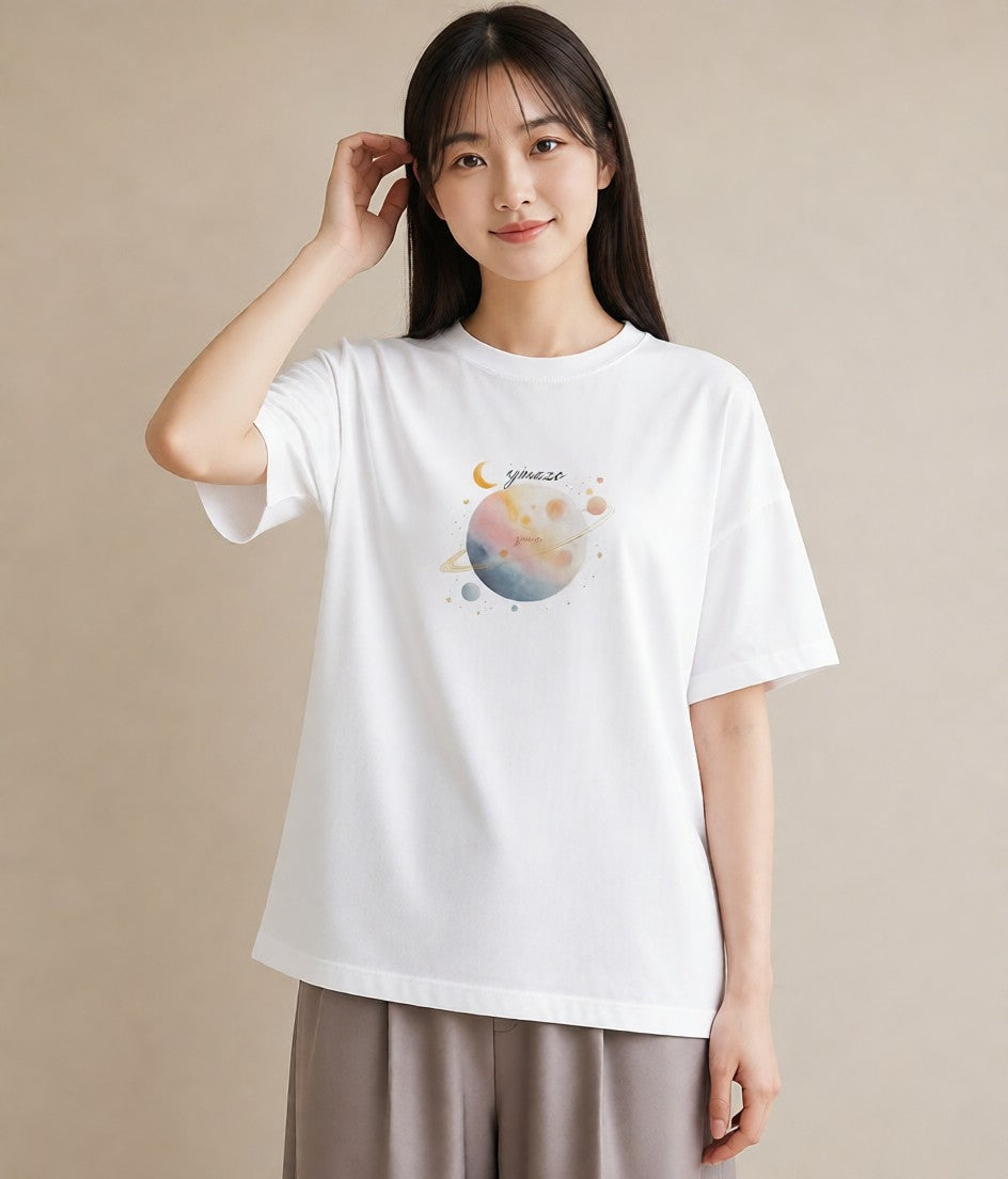 半袖Tシャツ レディース オーロラ 星空 宇宙 イラスト 個性的 女性向けギフト 散歩 白T YMAZO