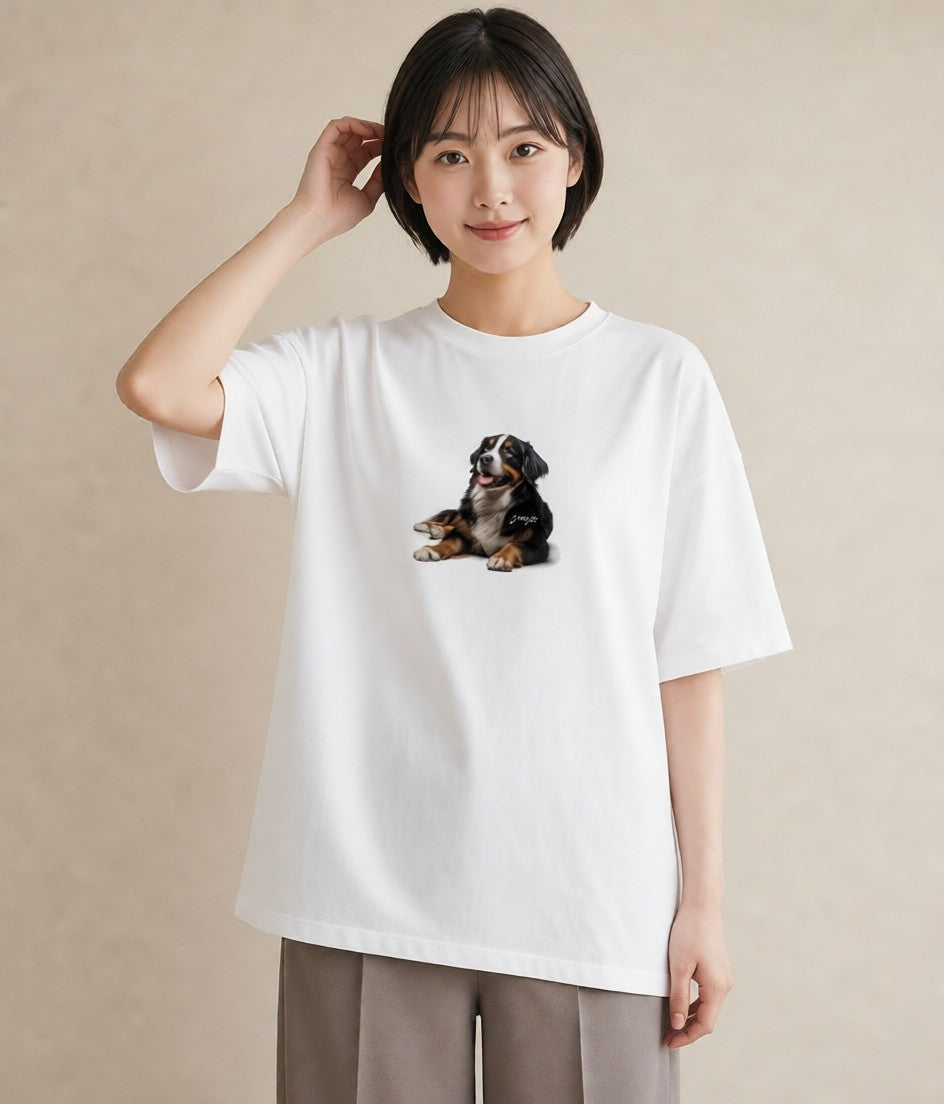 Tシャツ レディース バーニーズマウンテンドッグ 犬 いぬ イラスト ミニマル 春服 ミセス 白T YMAZO