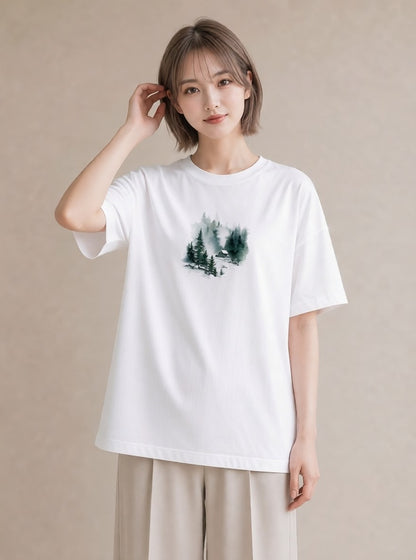 プリントTシャツ レディース 湖畔の小屋 湖 小屋 ナチュラル アンティーク イラスト 休日コーデ 誕生日プレゼント 綿100 白T YMAZO