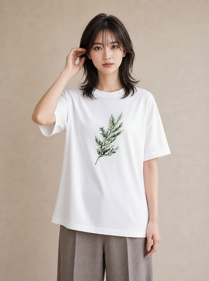 プリントTシャツ レディース 苔 植物 ボタニカル イラスト きれいめカジュアル 在宅 公園 白T YMAZO