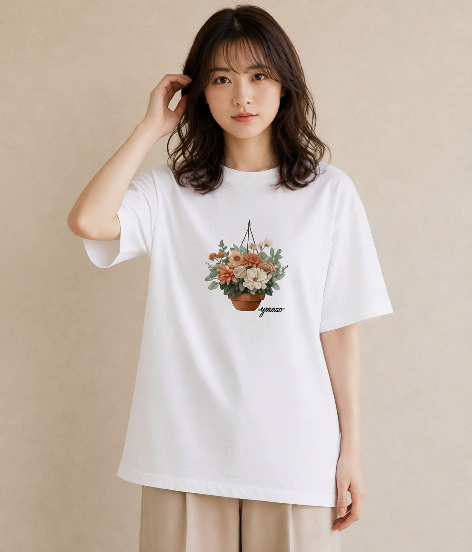デザインTシャツ レディース 自転車のかご 自転車 花かご ナチュラル アンティーク イラスト カジュアル デイリーウェア 休日 白T YMAZO