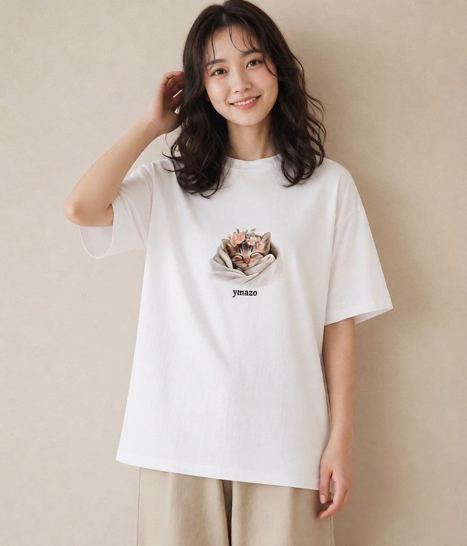 グラフィックTシャツ レディース 子猫 猫 ねこ イラスト 抜け感 親子 20代 白T YMAZO